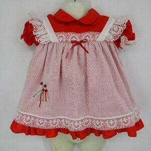 Vintage Fayette Red White Pinafore Baby Dress 24 Months Roses Polka Dots